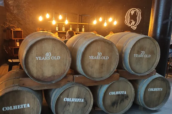 Port wine lodges and barrels on a walking port wine cellar tour with 7 tastings in Porto, Portugal