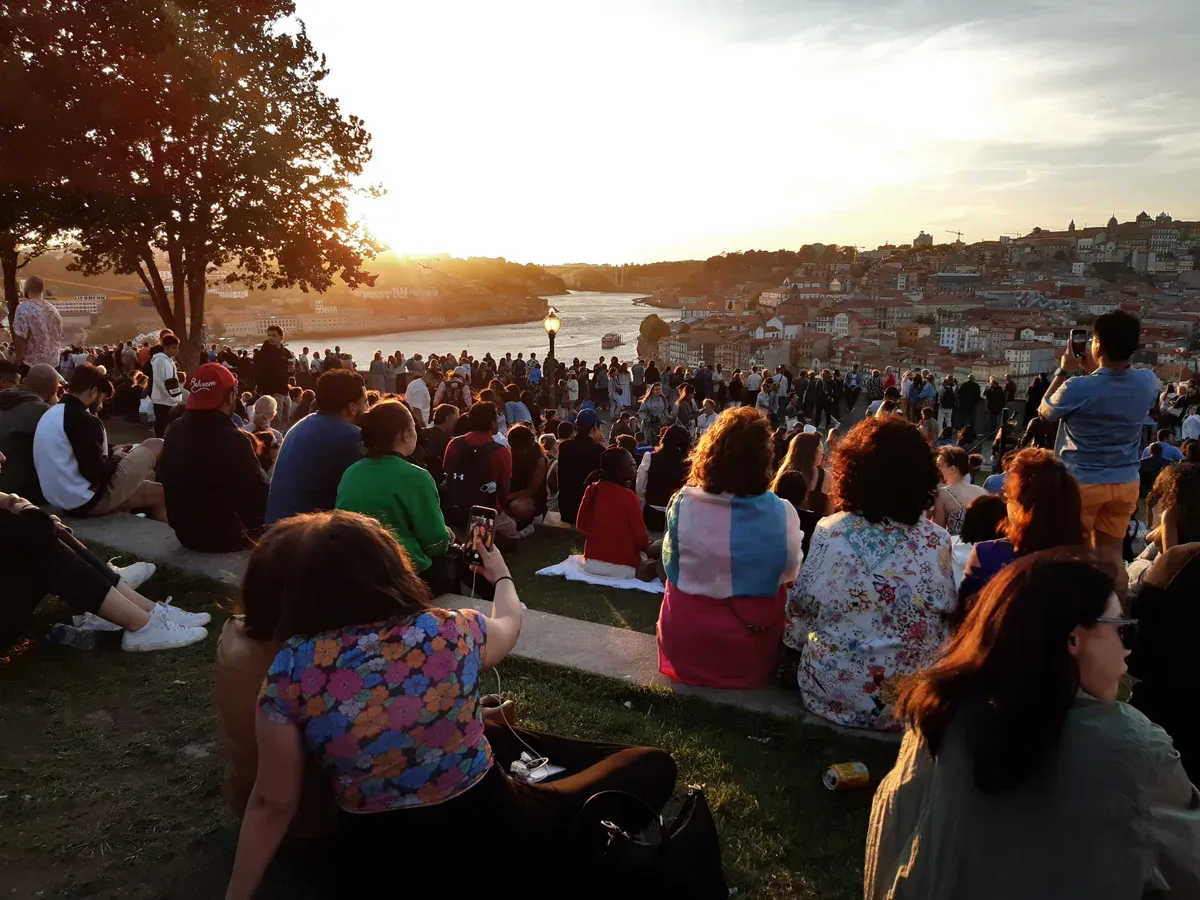 The sunset crowd at Jardim do Morro in Vila Nova de Gaia, seen on a port wine cellar tour in Vila Nova de Gaia