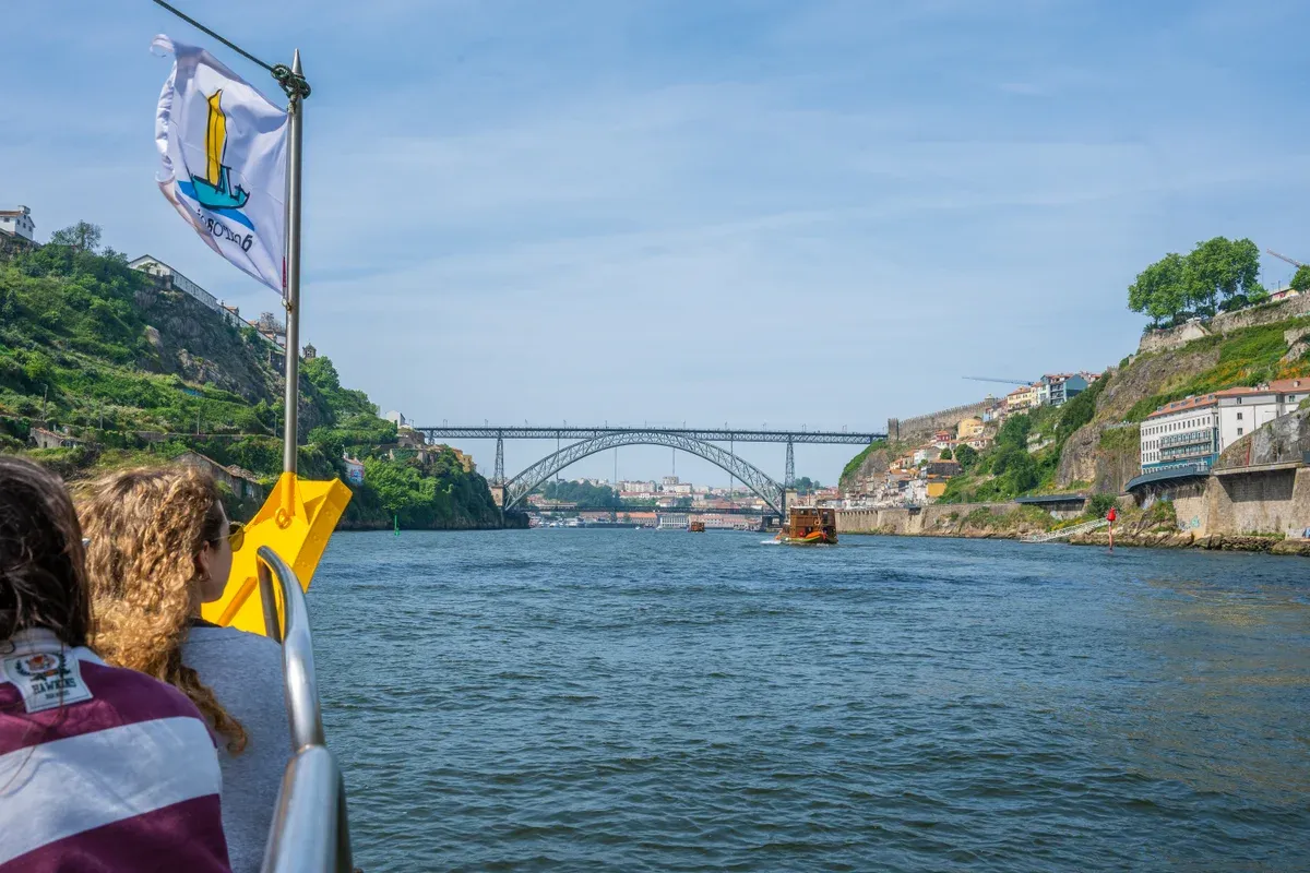 On board a cruise boat on the Douro, heading for one of the bridges, seen on a port wine cellar tour in Vila Nova de Gaia