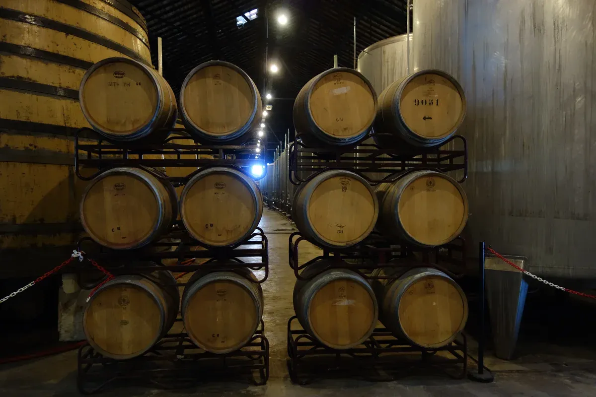 Barrels on racks in the Real Companhia Velha cellars, seen on a port wine cellar tour in Vila Nova de Gaia