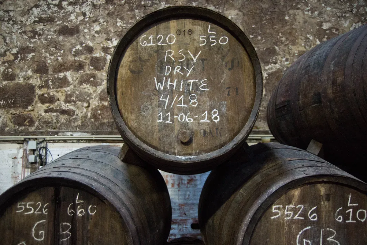 Small port casks with chalk labels in a cellar, seen on a port wine cellar tour in Vila Nova de Gaia
