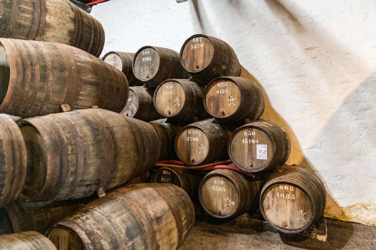 Port barrels stacked in the Taylor's cellars, seen on a port wine cellar tour in Vila Nova de Gaia