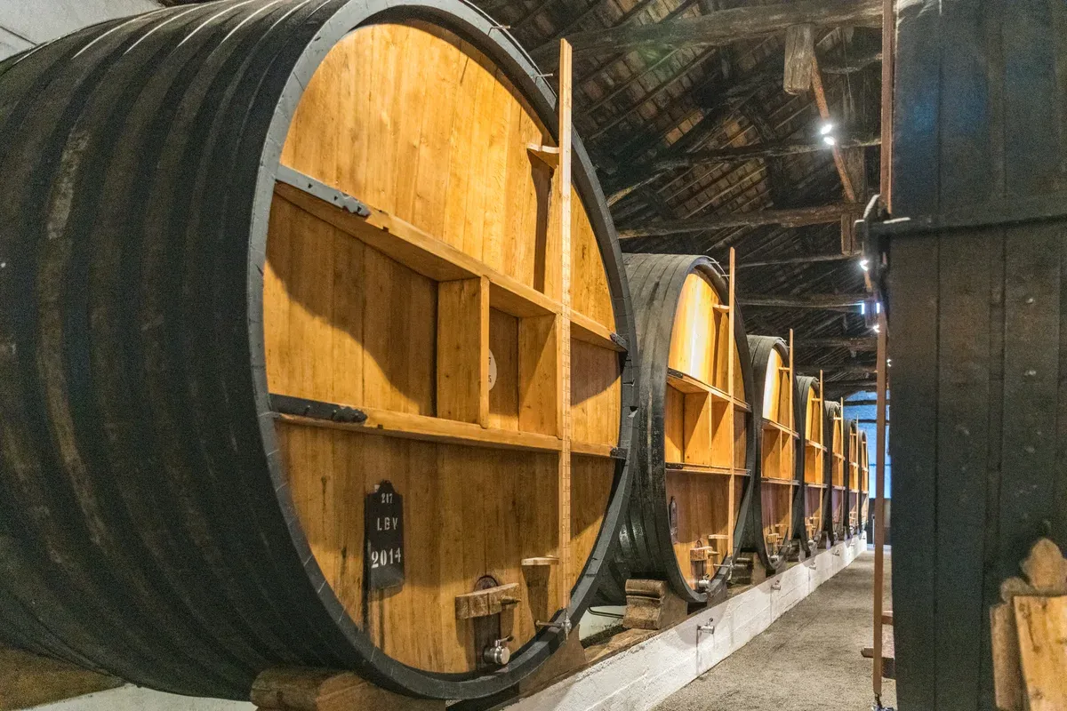 A giant oak vat in the Taylor's cellars in Vila Nova de Gaia, seen on a port wine cellar tour in Vila Nova de Gaia